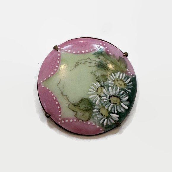 Victorian Brooch, Hand-painted, Porcelain, Flowers, Daisy, Pink, C Clasp, Unique - Picture 2 of 3